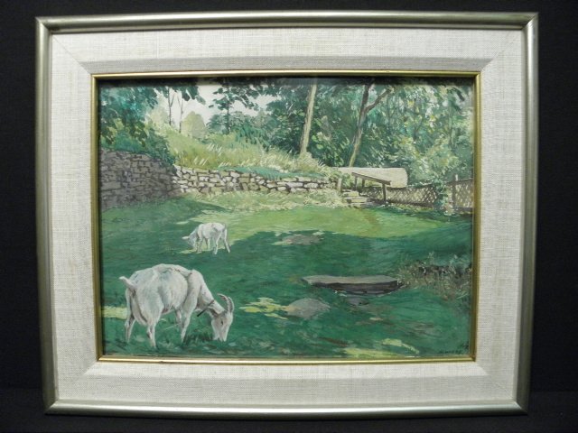 KURT WIESE FRAMED GOUACHE ON PAPER: GOATS: Kurt Wiese framed watercolor gouache on paper depicting goats in a field. Signed and dated lower right "K. Wiese 47", and under glass in a silver and gold tone frame. Condition: good, very minor disco