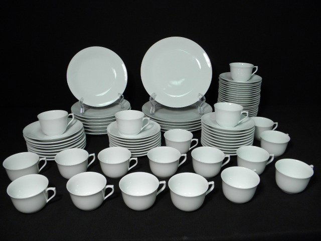 BING & GRONDAHL WHITE PORCELAIN DINNERWARE: 104 PC: Bing & Grondahl white porcelain dinnerware set. Includes 104 total pieces. (12) 10" dinner plates, (7) 8.25" plates, (19) 3.5" wide cups, (23) 6" saucers, (10) 6.25" saucers, (8) 6.25" plates, (9) 4.2