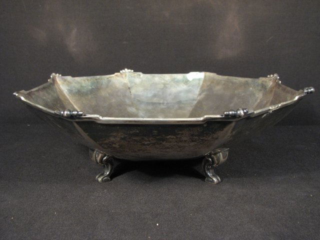 WOLFERS FRERES BELGIAN .800 SILVER FOOTED BOWL: Philippe Wolfers for Wolfers Freres Belgian .800 silver footed bowl. Art Deco style octagonal shape with beaded decorations at each corner, and four tabbed feet. Stamped on outside of rim with Wolfers