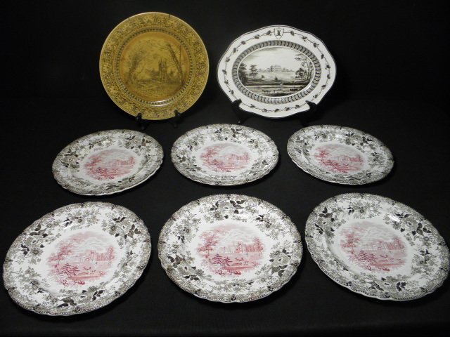 ASSORTED ENGLISH TRANSFERWARE: STAFFORDSHIRE, ETC : Lot of assorted English transferware. Includes (6) 9.5" English Staffordshire plates (Imported by Robert Lawrence, Cincinnati), a Royal Doulton "Croydon Church" 10.5" ceramic plate, and a 12" wide J. 