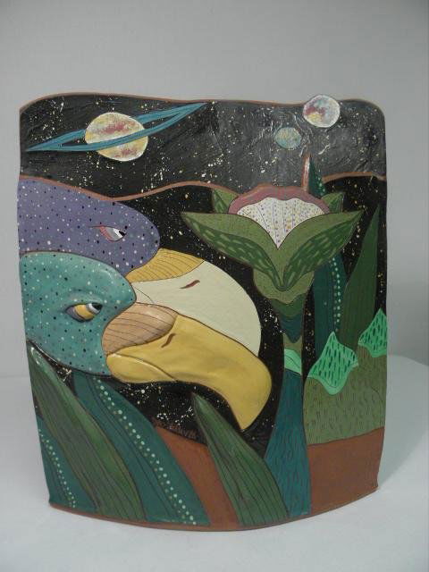 DEB STABLEY EARTHENWARE ART POTTERY VASE: Deb Stabley earthenware art pottery vase. Red earthenware clay, hand formed and painted with a colorful parrot scene. Signed on the front "Deb Stabley 88-5". Condition: good, no chips or cracks, see i
