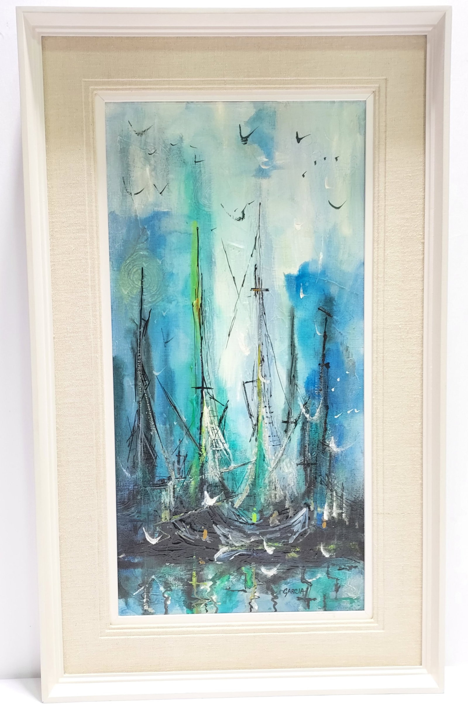 DANNY GARCIA MIXED MEDIA PAINTING STYLIZED SHIPS: Danny Garcia mixed media (oil and acrylic) painting on canvas depicting stylized clipper ships in a harbor. Signed lower right "Garcia". Also annotated verso "Garcia #3177 Acrylic Oil 1970" with attac