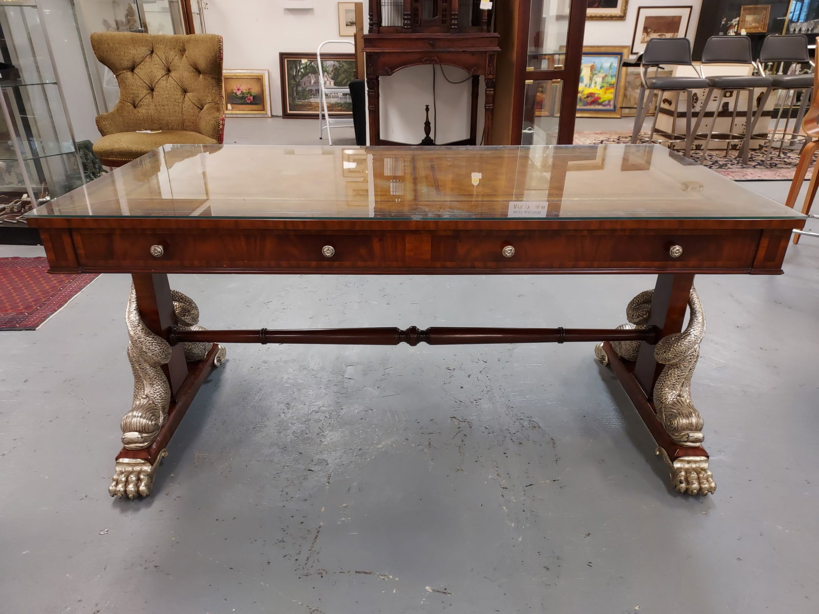 MAITLAND SMITH LEATHER TOP DESK W/ DOLPHIN LEGS (1 of 11)