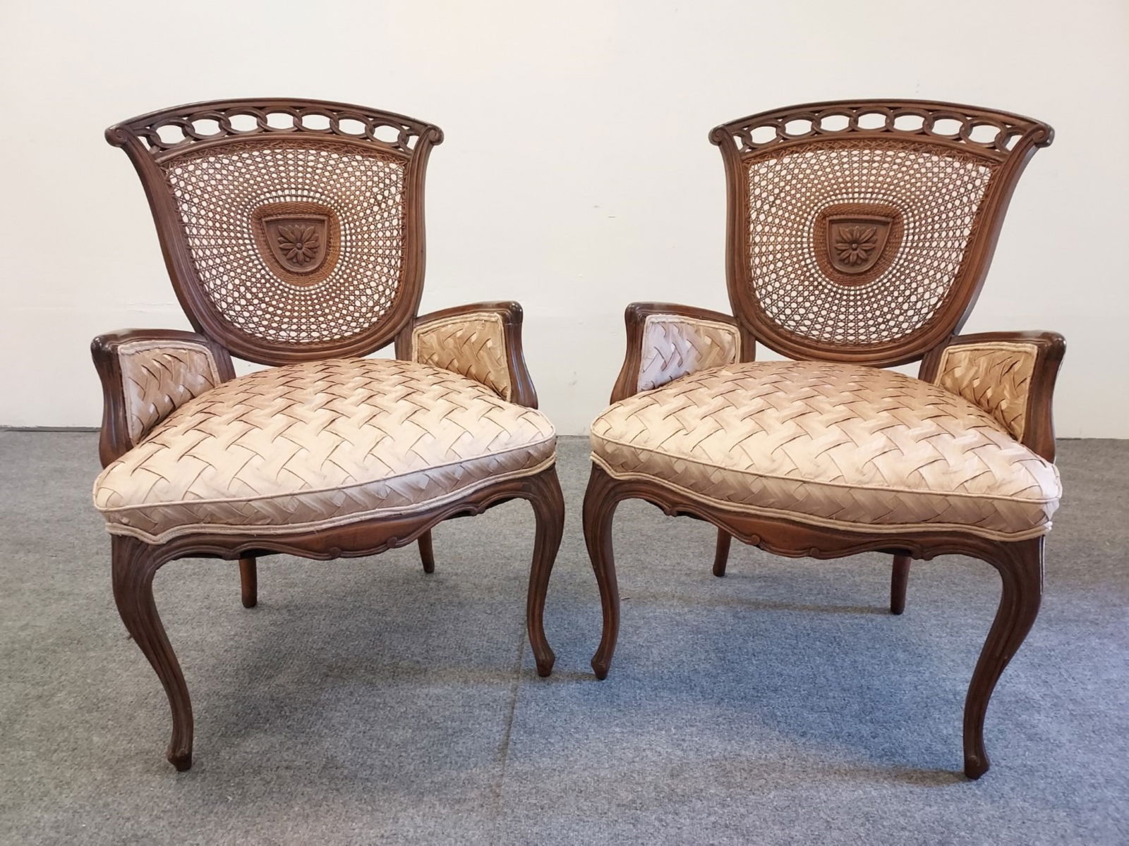 PAIR UNIQUE CARVED WOOD & CANE ARMCHAIRS (1 of 11)