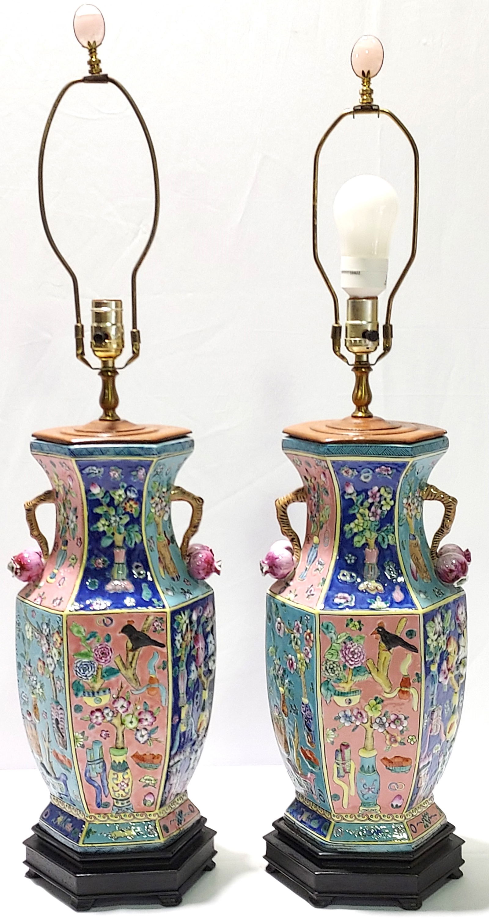 PAIR CHINESE FAMILLE ROSE HEXAGONAL VASES AS LAMPS (1 of 20)