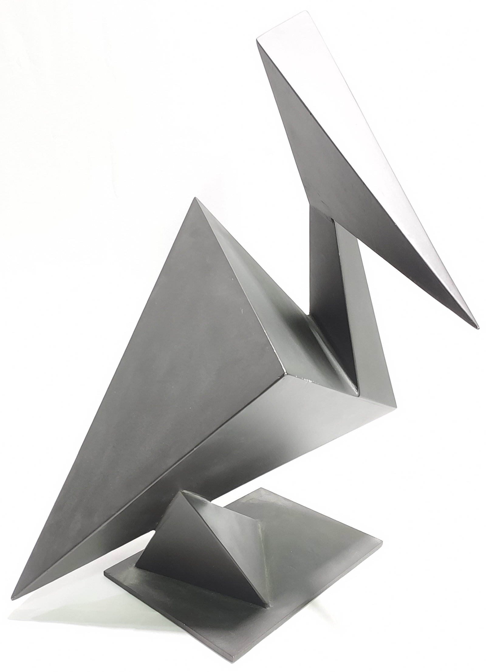 ABSTRACT BRUTALIST ORIGAMI METAL SCULPTURE: Abstract brutalist origami metal sculpture. Blackened finish, signed LC 82. Condition: piece has some scratches and minor losses along some of the edges. Please see images. Dimensions: Tall 25.5", wid