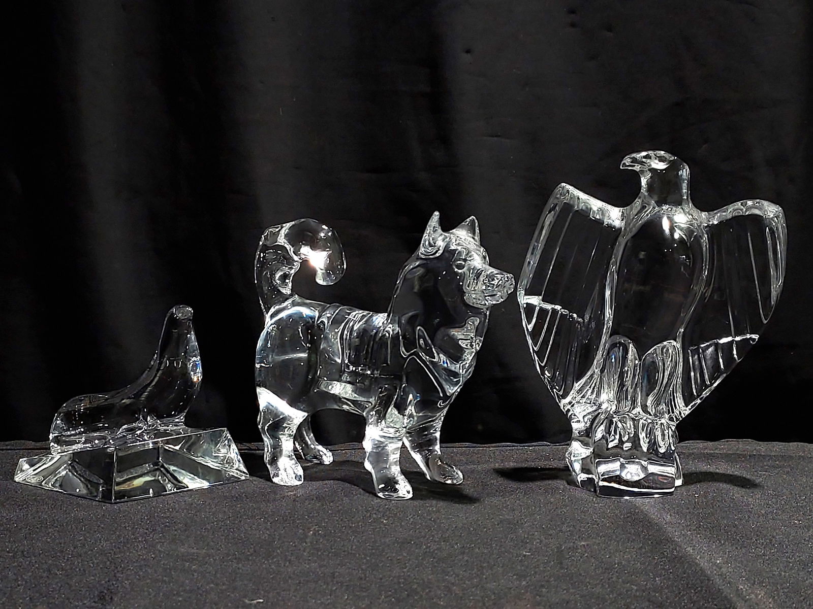 THREE BACCARAT CRYSTAL ANIMALS: EAGLE, SEAL, DOG (1 of 16)