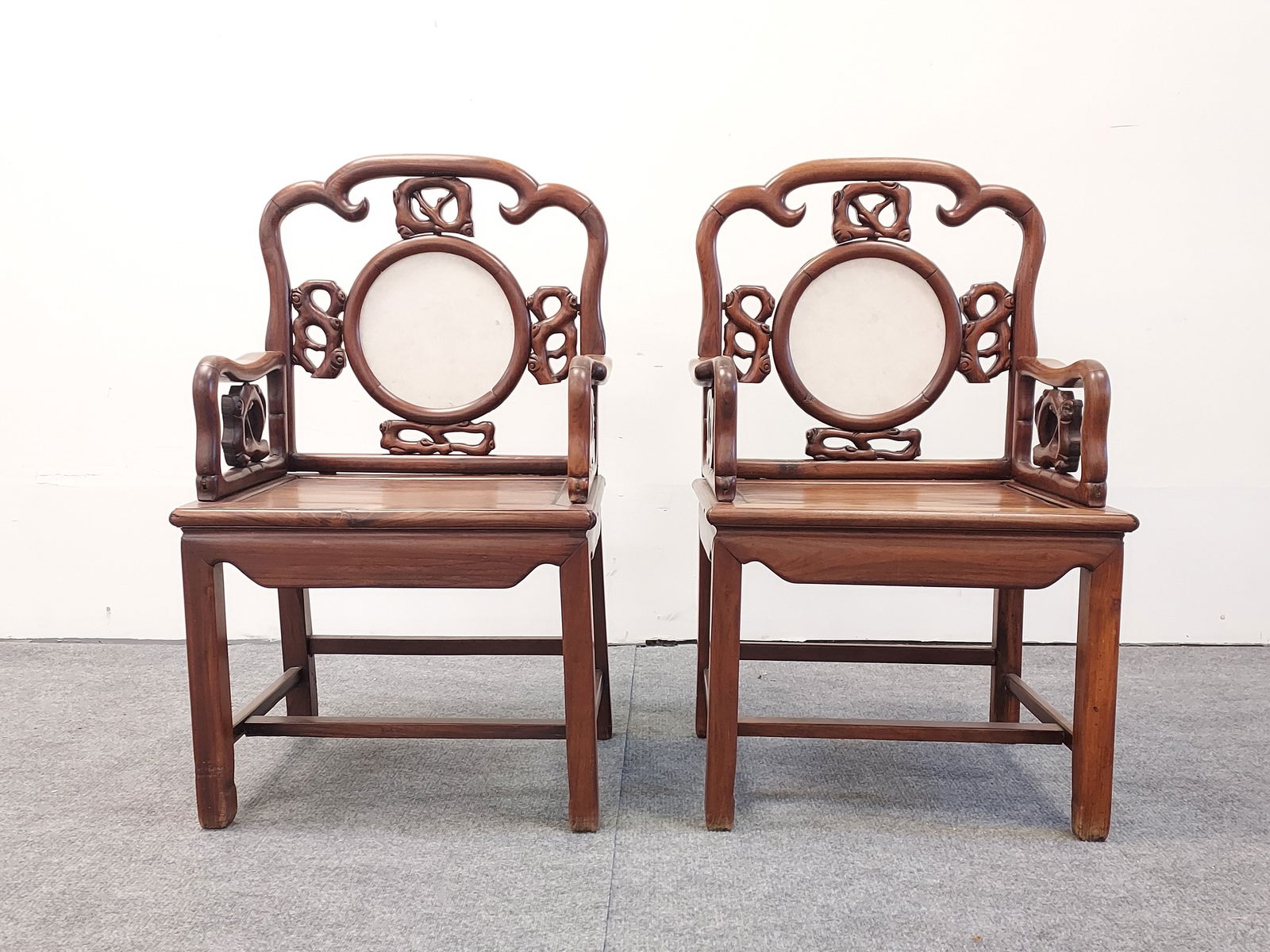 PAIR CHINESE ROSEWOOD & MARBLE INSET ARMCHAIRS (1 of 20)