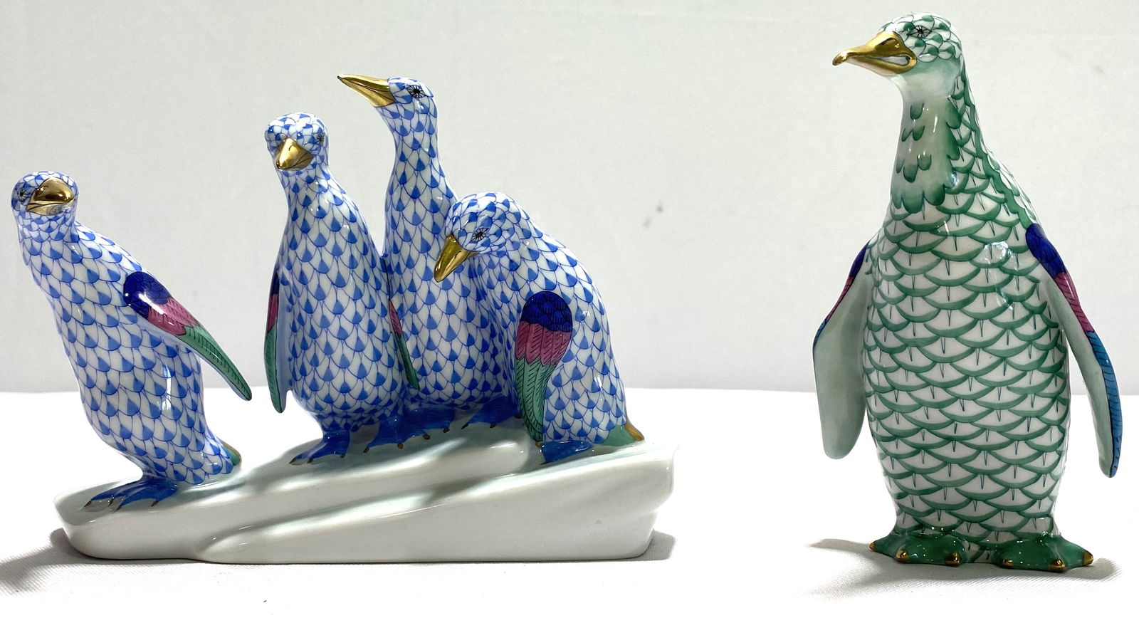 TWO HEREND FISHNET PORCELAIN FIGURINES OF PENGUINS (1 of 8)