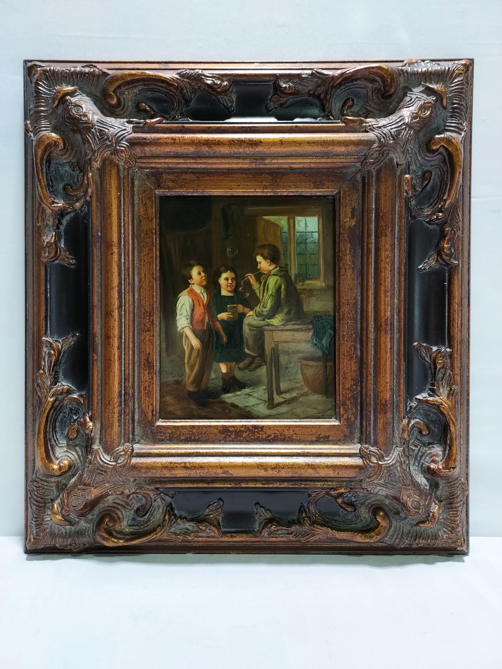 SMALL VINTAGE OIL ON PANEL PAINTING INTERIOR SCENE (1 of 6)