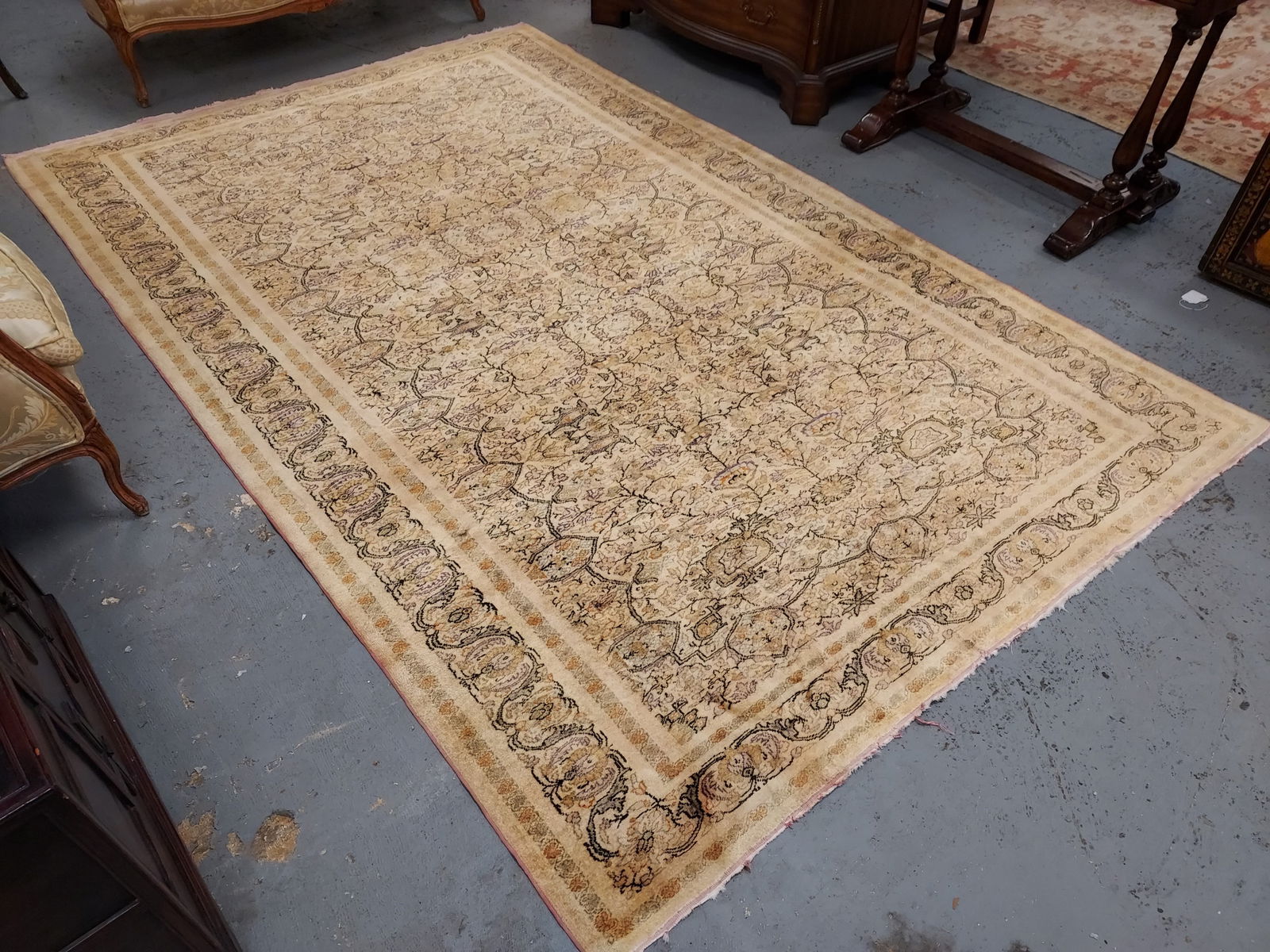 TURKISH HAND KNOTTED SILK ON SILK RUG 6' X 10': Turkish hand knotted silk on silk area rug measuring 6'4" x 10'. Condition: one subtle large dark spot can be seen when looking from the dark side of the pile, fringes are mostly gone, see images. Wei