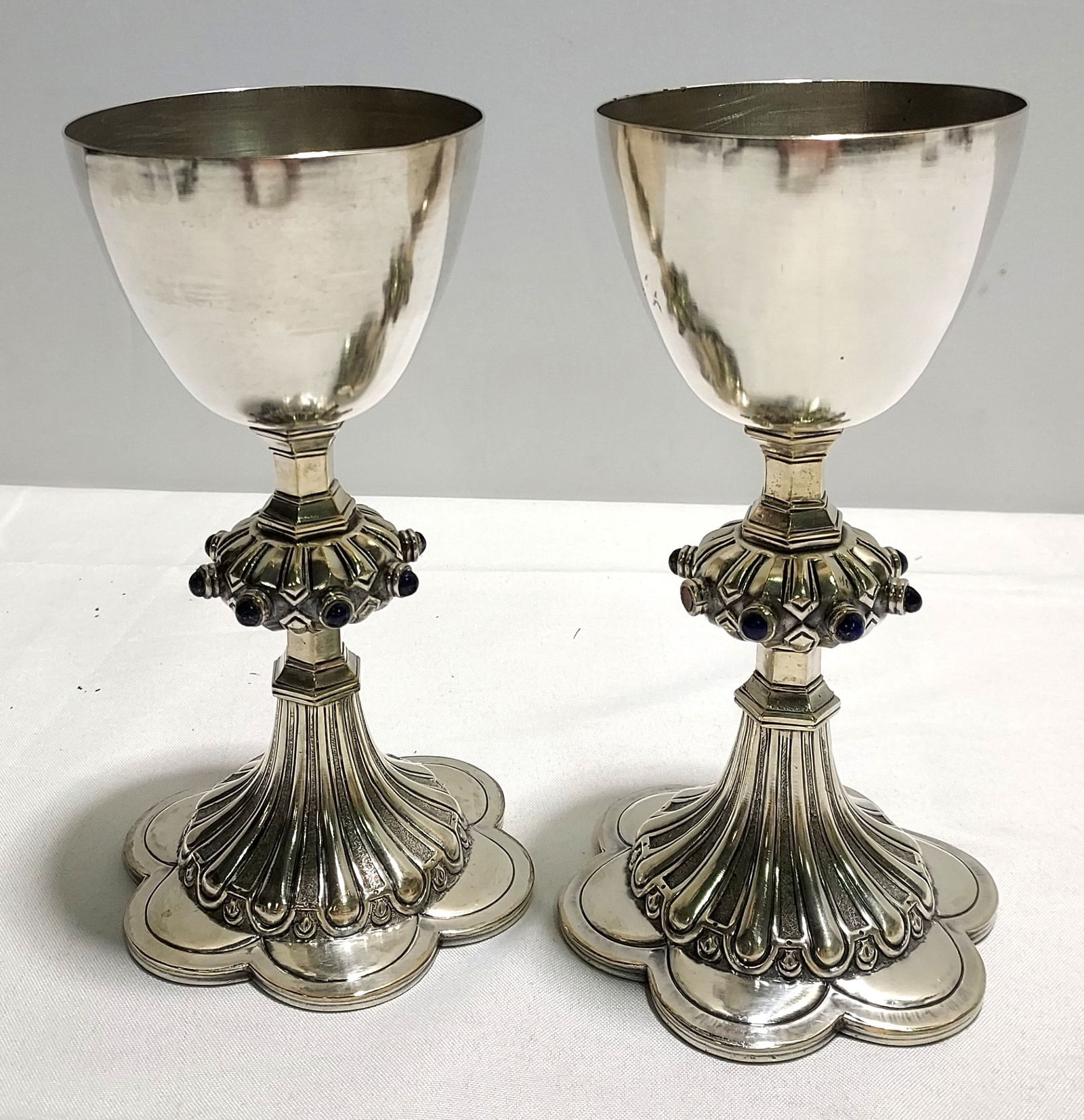 PAIR GOTHIC STYLE SILVER & LAPIS CHALICES (1 of 9)
