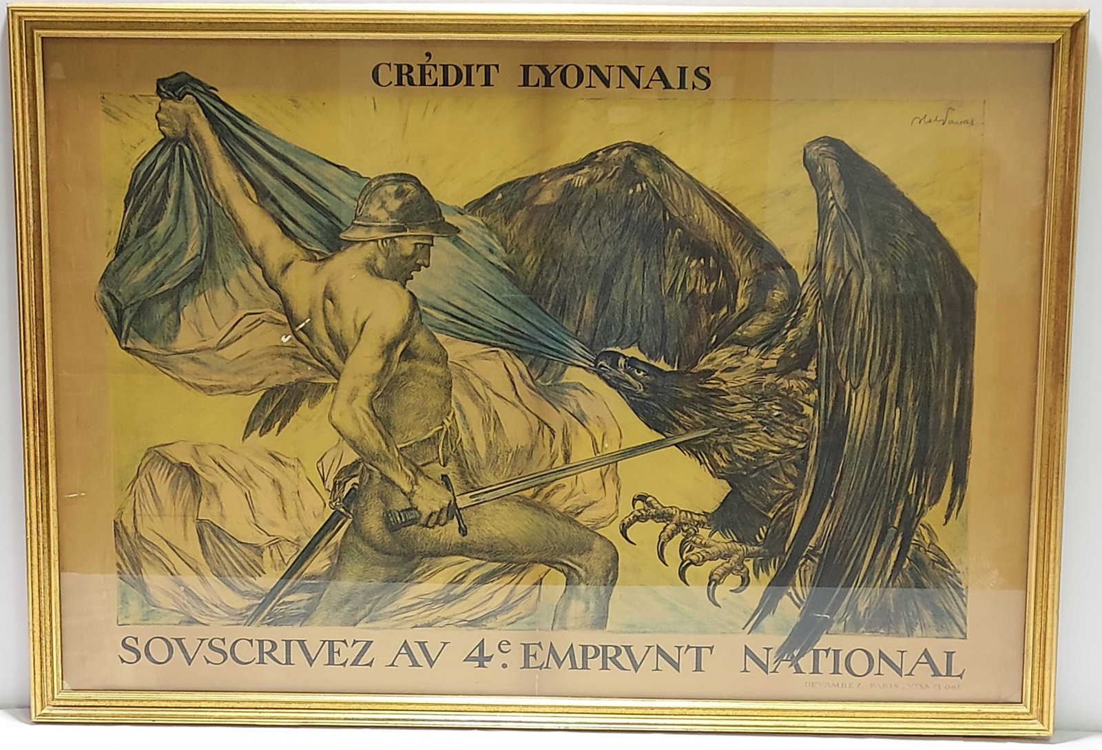 ANTIQUE FRENCH WWI POSTER AFTER ABEL FAIVRE: Antique French WWI "Credit Lyonnais" poster after Abel Faivre. Framed measuring a total of 34.75" tall x 49.75" wide. Condition: appears to be linen backed in the frame, a few small tears / holes, sev