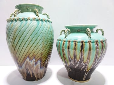 TWO LARGE DRIP GLAZED STUDIO POTTERY VASES