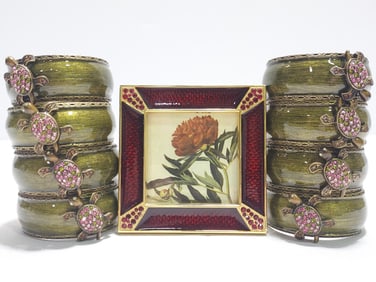 JAY STRONGWATER, EIGHT NAPKIN RINGS & PHOTO FRAME