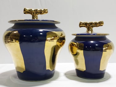 TWO CURREY & CO "BRILL" NAVY & GOLD PORCELAIN JARS