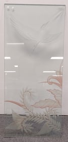 LARGE ETCHED GLASS PANEL W/ CRANE