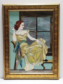 BOBBIE MATUS ART NOUVEAU STAINED GLASS LADY GAZING OUT A WINDOW