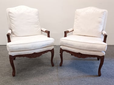 PAIR CARVED MAHOGANY & WHITE FABRIC FAUTEUILS