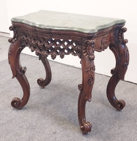 VINTAGE MARBLE TOP CARVED ROSEWOOD CONSOLE TABLE