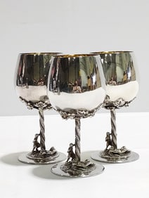 THREE HEAVY MEXICAN FIGURAL STERLING SILVER GOBLET
