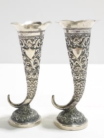 PAIR CHINESE EXPORT SILVER CORNUCOPIA BUD VASES