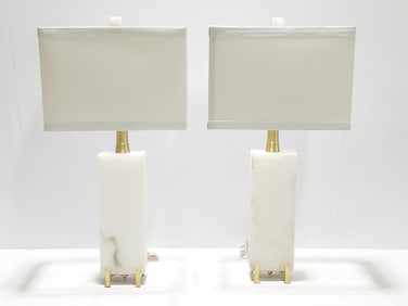 PAIR CONTEMPORARY WHITE STONE TABLE LAMPS