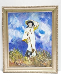 OIL ON CANVAS PAINTING OF WOMAN IN WHITE DRESS
