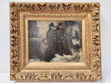 1914 OIL ON CANVAS FIGURES IN WINTER VILLAGE SCENE