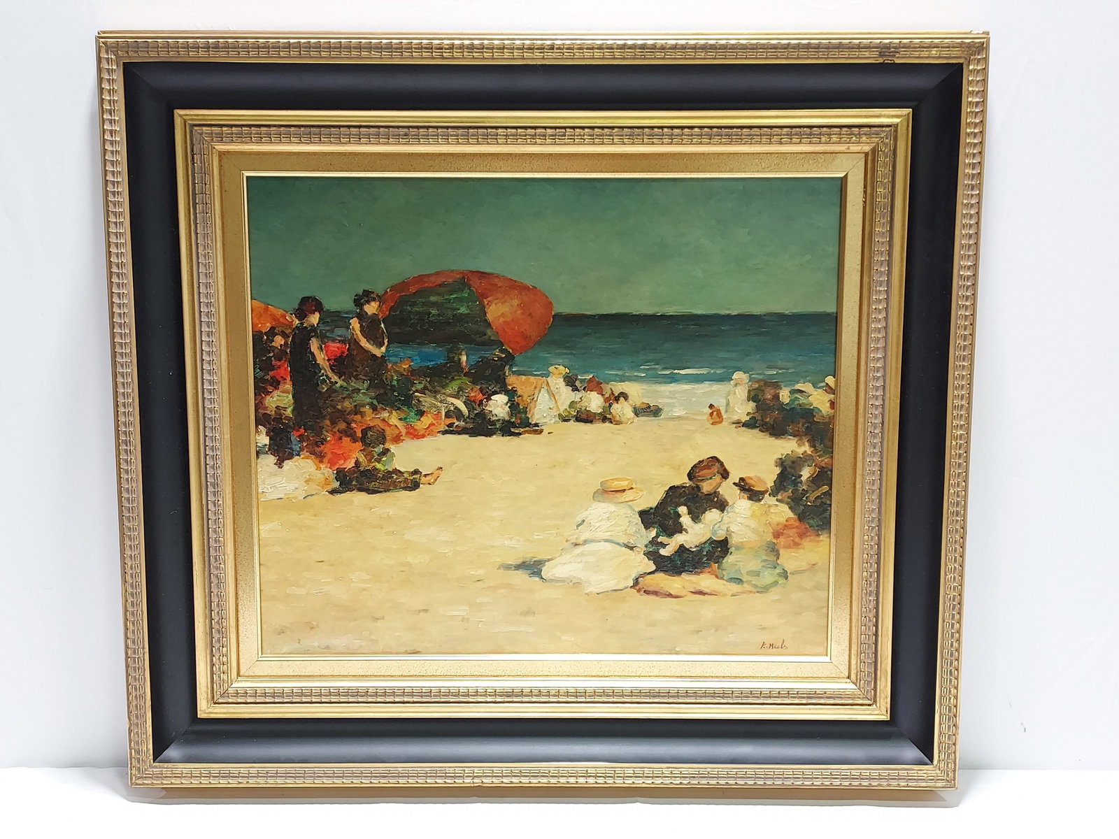 VINTAGE OIL ON CANVAS PAINTING IMPRESSIONIST BEACH: Vintage oil on canvas impressionist style painting depicting a Victorian era beach scene. Signed what appears to read "K. Meels" lower right. Measures (frame) 30.5" tall x 34.5" wide, and (stretcher) 