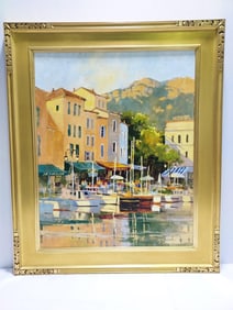 MARILYN SIMANDLE OIL ON CANVAS BOATS SCENE