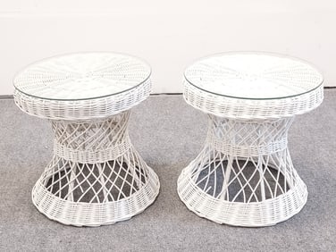 PR SMALL ROUND WHITE WICKER GLASS TOP SIDE TABLES
