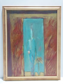OIL ON CANVAS PAINTING: BLUE FIGURE IN DOORWAY