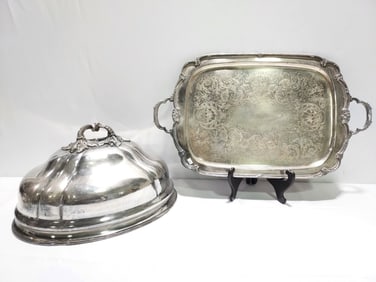 ANTIQUE ENGLISH SILVER PLATED MEAT DOME & TRAY