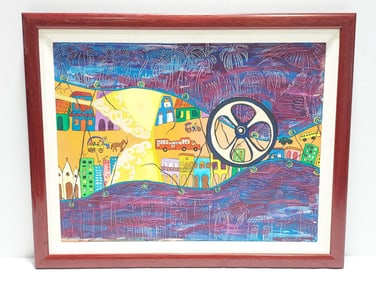 ELIZABETH LOPEZ COLORFUL NAIVE ACRYLIC PAINTING