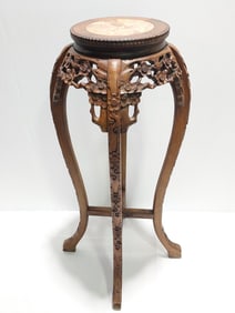 VINTAGE CHINESE CARVED WOOD MARBLE TOP PLANT STAND