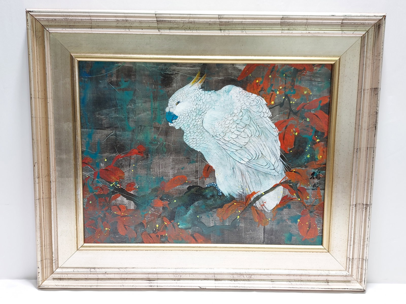 DOMINIC TOMING CHENG SILVER FOIL ACRYLIC PAINTING: Dominic Toming Cheng silver foil acrylic painting depicting a cockatiel bird. Signed lower mid right. Measures (frame) 26.5" tall x 32.75" wide, and (sight) 17.5" tall x 23.5" wide. Condition: good, n