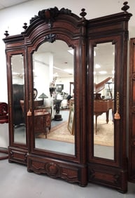 19th C LOUIS XVI STYLE BURLED WALNUT TRIPLE CABINE