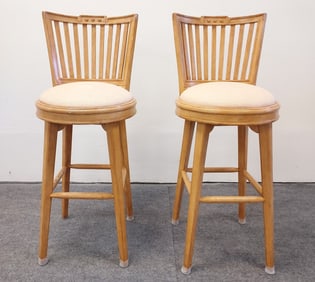 PAIR CHARLES POLLOCK BLONDE WOOD BARSTOOLS