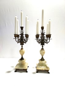 PAIR ANTIQUE MARBLE & BRONZE 5 CANDLE CANDELABRA