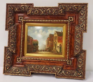 FRAMED OIL ON PANEL PAINTING: CITY STREET