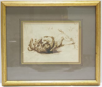 EDWIN HENRY LANDSEER INK DRAWING DOG, MONKEY FIGHT