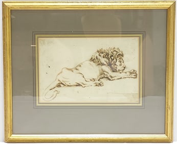 EDWIN HENRY LANDSEER INK DRAWING: STUDY OF A LION