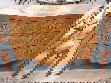 VNTG ITALIAN MARQUETRY INLAID BOMBE STYLE CHEST