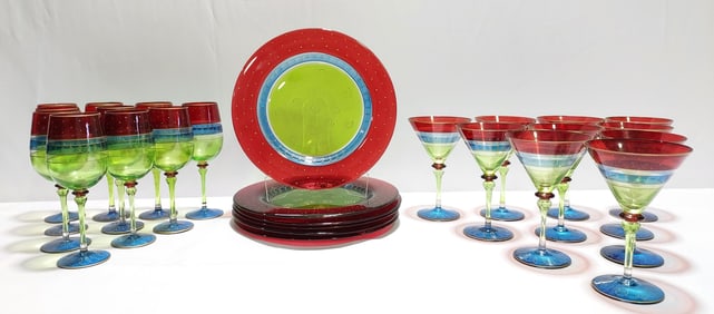 SET COLORFUL FLASH GLASS PLATES & STEMWARE 26 PCS