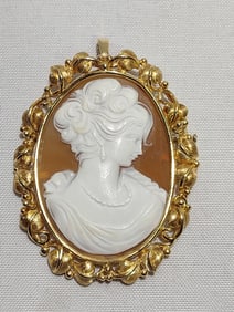 18K ROSE GOLD SET CARVED SHELL CAMEO BROOCH/PIN
