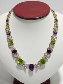 14k YG DIAMOND, AMETHYST & PERIDOT NECKLACE