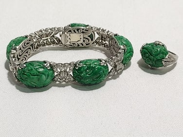 ART DECO STYLE PLAT DIAMOND & JADE BRACELET & RING