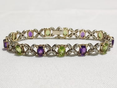 14k YG, DIAMOND, AMETHYST AND PERIDOT BRACELET