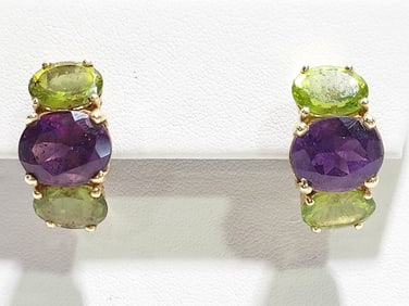 14k YELLOW GOLD, AMETHYST AND PERIDOT EARRINGS